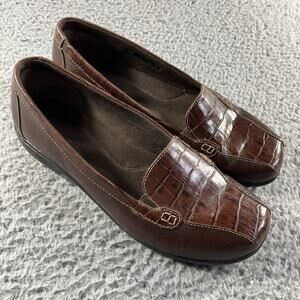 Clarks Bendables Womens 7.5W Loafers Brown Croc Leather Slip On Comfort Shoes